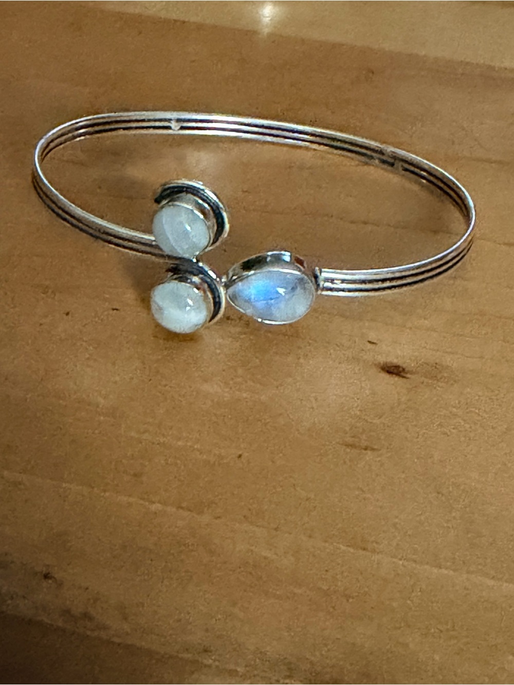 Beautiful Moonstone Triple-Accent Bangle Bracelet - 925 Plated/Stamped
